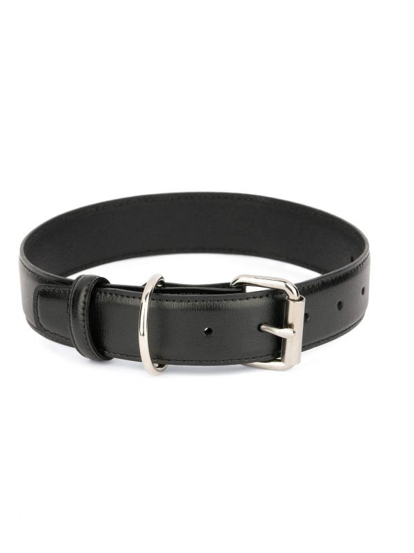 Black Leather Dog Collar With Stainless Steel Roller Buckle 1