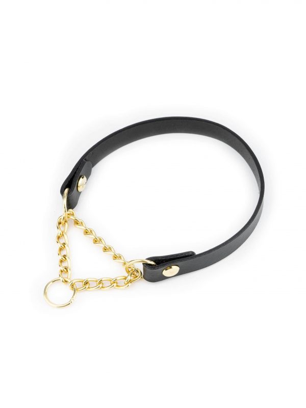 Black Leather Golden Brass Chain Dog Collar 1