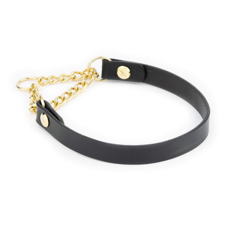 Black Leather Golden Brass Chain Dog Collar 5