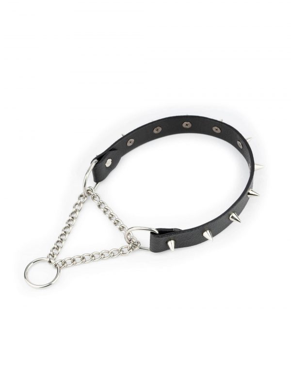 Black Spiked Dog Collar In Black Leather With Martingale 1