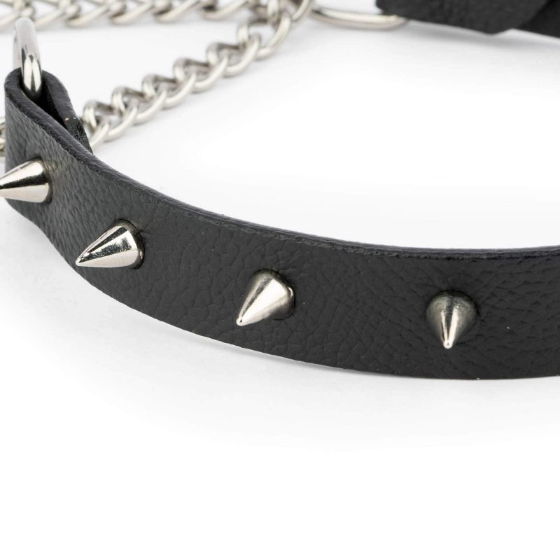 Black Spiked Dog Collar In Black Leather With Martingale 3
