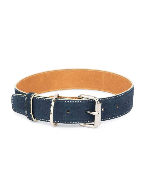 Blue Suede Leather Dog Collar With White Edges 1