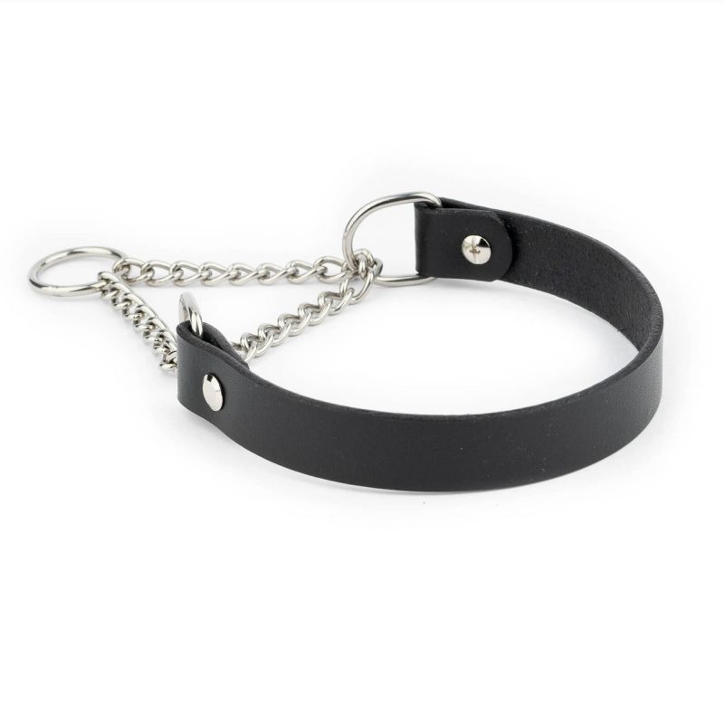 Martingale Black Leather Dog Collar With Silver Chain 5