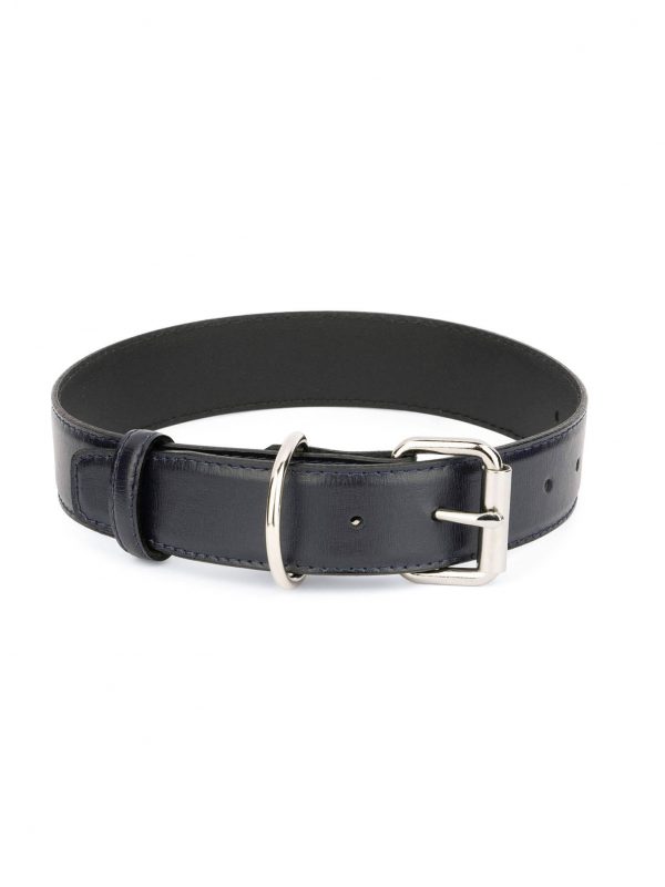 Navy Blue Leather Dog Collar With Roller Buckle 3 5 cm 1