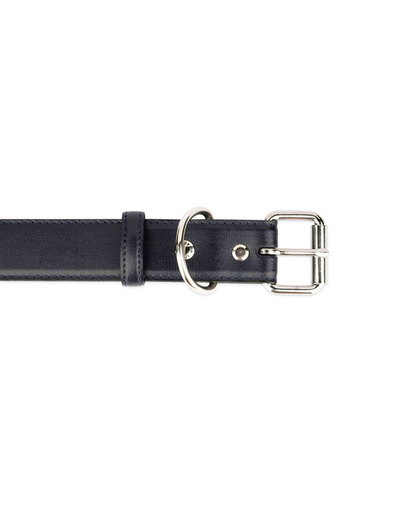 Navy Blue Leather Dog Collar With Roller Buckle 3 5 cm 3