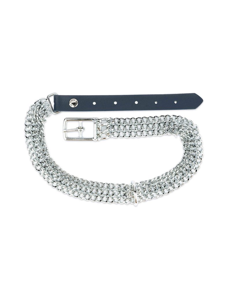 Navy Blue Leather Dog Collar With Triple Chain 1