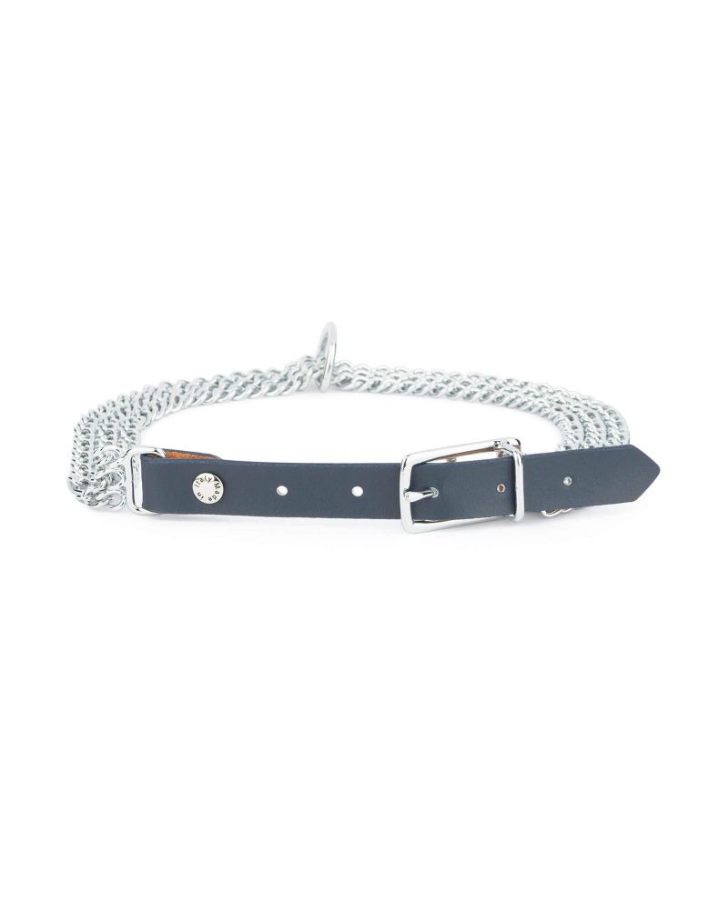 Navy Blue Leather Dog Collar With Triple Chain 2