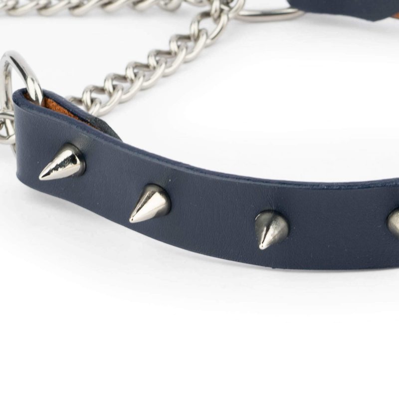 Spiked Dog Collar In Navy Blue Leather With Martingale 3