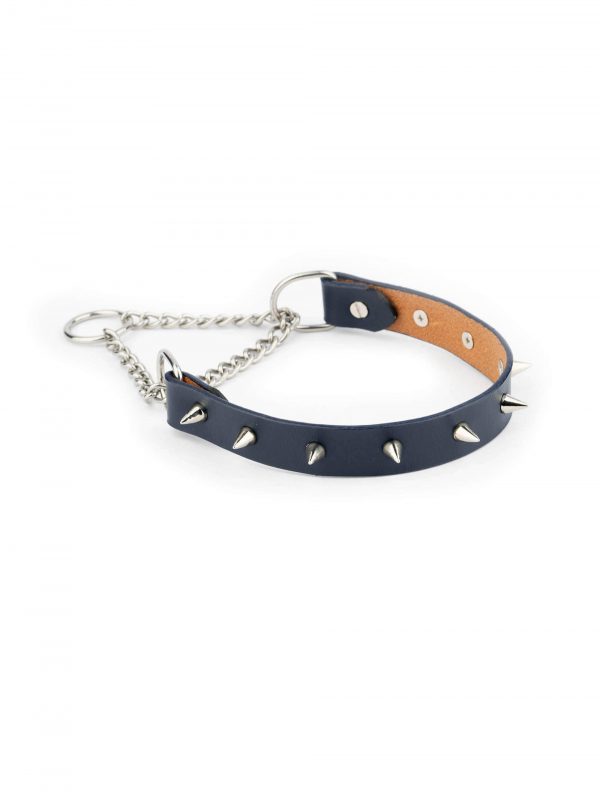 Spiked Dog Collar In Navy Blue Leather With Martingale 4
