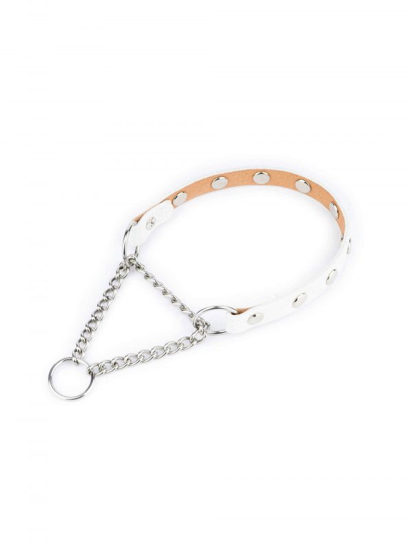 White Leather Studded Dog Collar With Martingale Chain 1