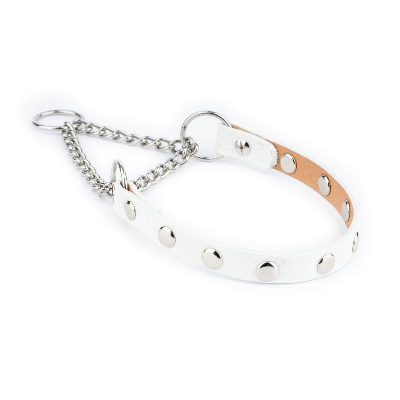 White Leather Studded Dog Collar With Martingale Chain 4