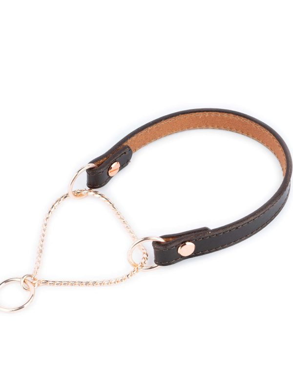 brown leather martingale dog collar with rose gold chain 1