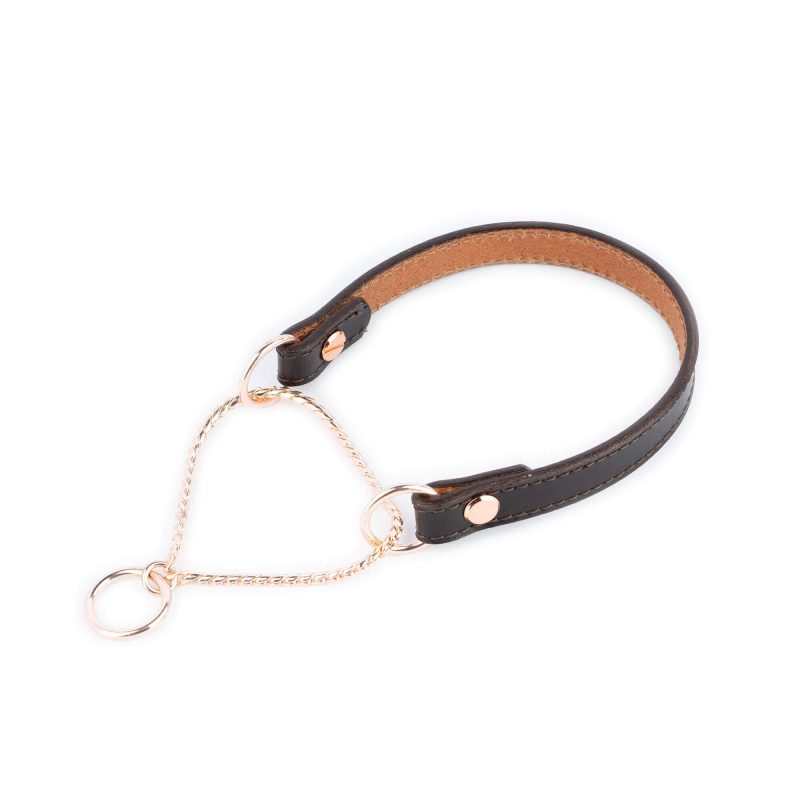 brown leather martingale dog collar with rose gold chain 1