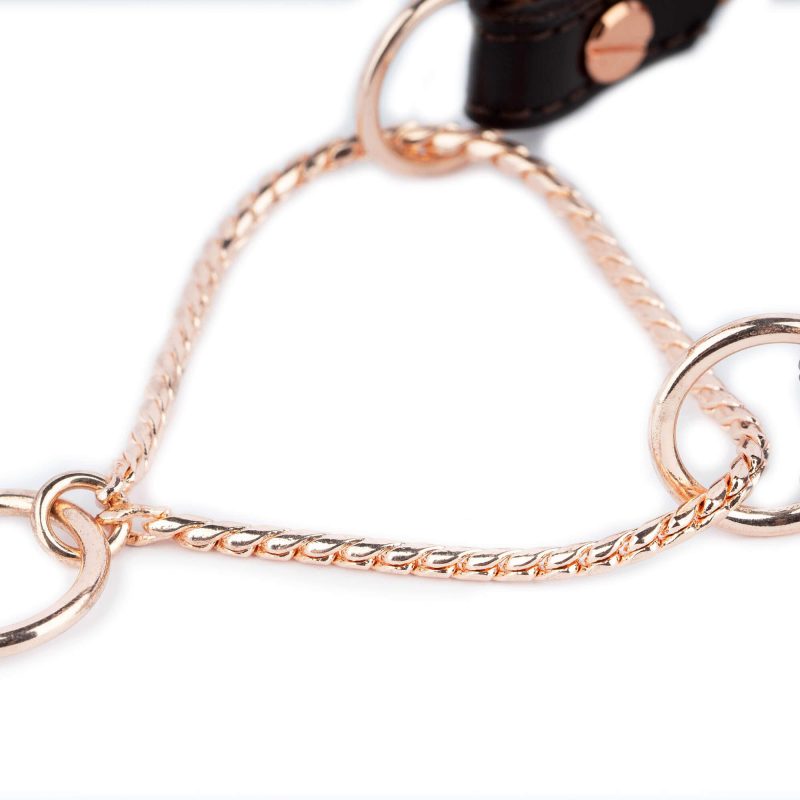 brown leather martingale dog collar with rose gold chain 2