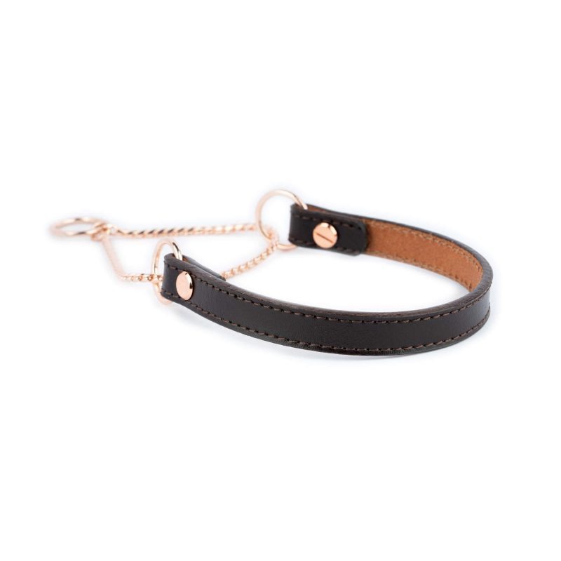 brown leather martingale dog collar with rose gold chain 3