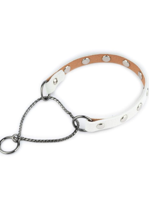 martingale studded dog collars white leather with black chain 1