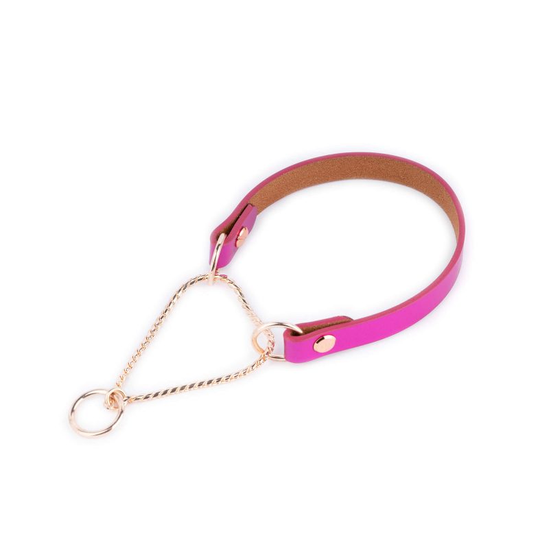 pink leather martingale dog collar rose gold chain 1