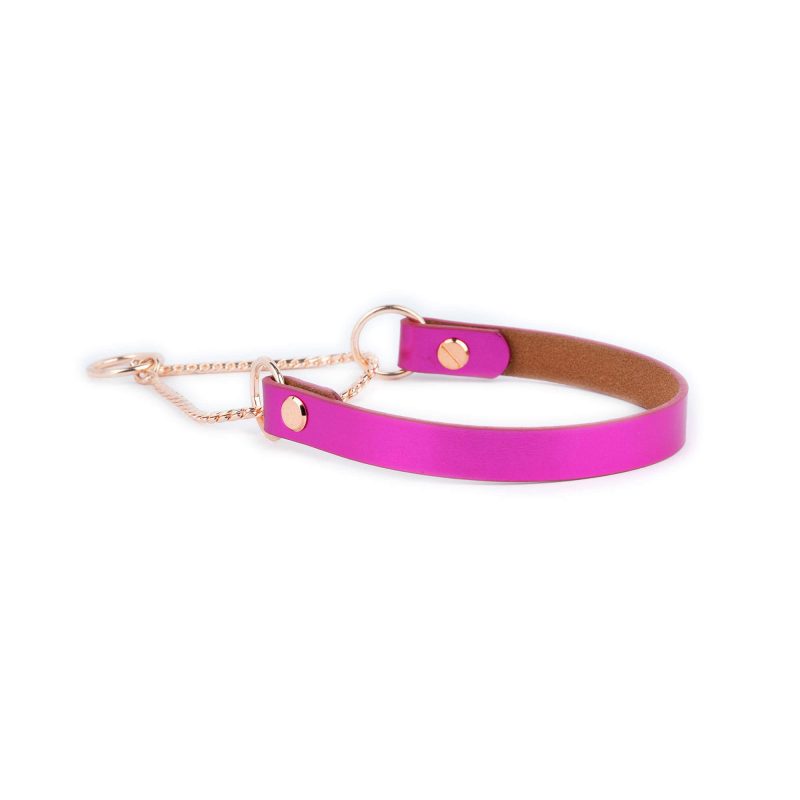 pink leather martingale dog collar rose gold chain 3