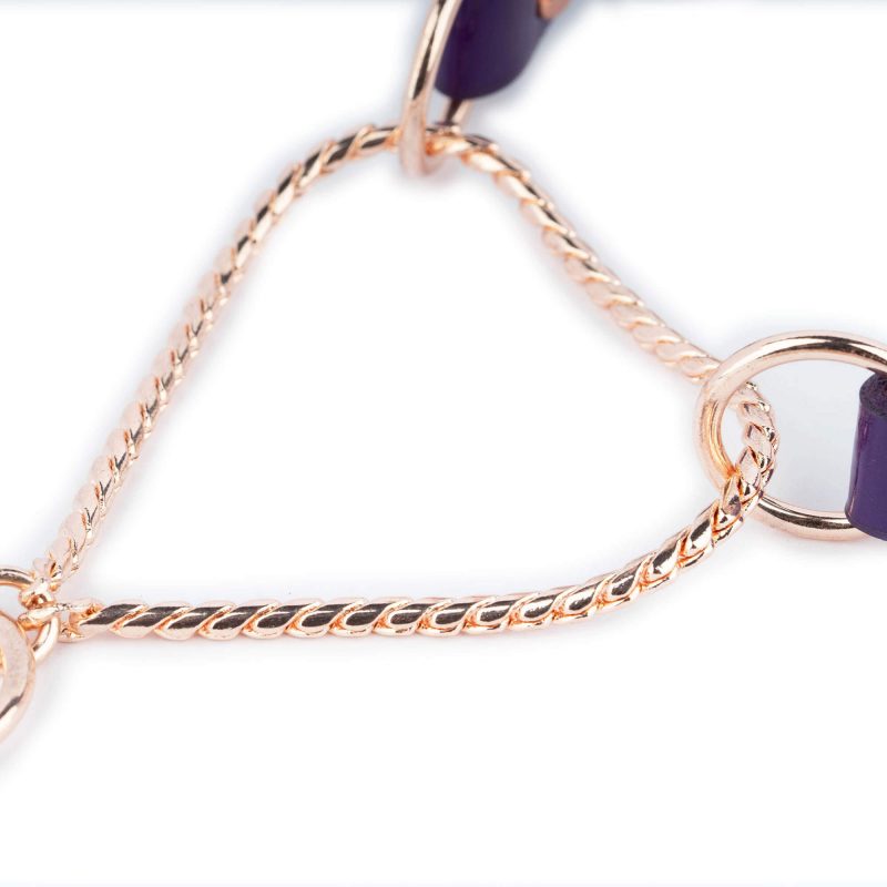 purple leather martingale dog collar with rose gold chain 2