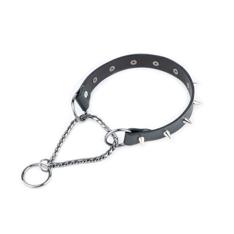 silver spiked dog collar martingale black pebble leather 1