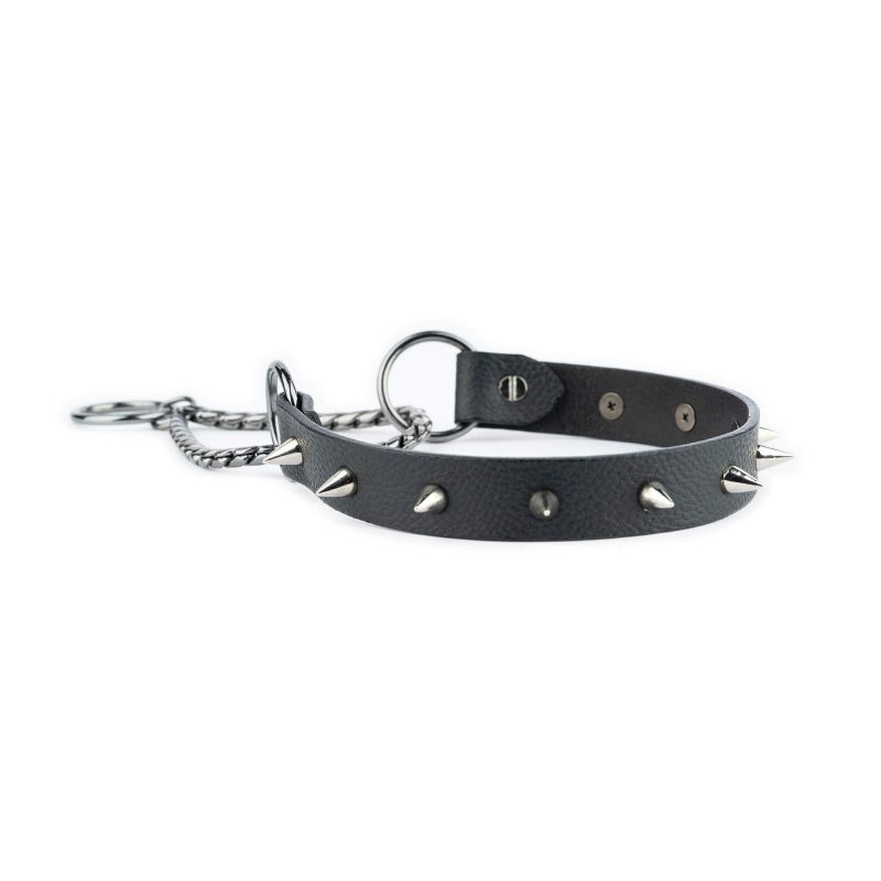 silver spiked dog collar martingale black pebble leather 3