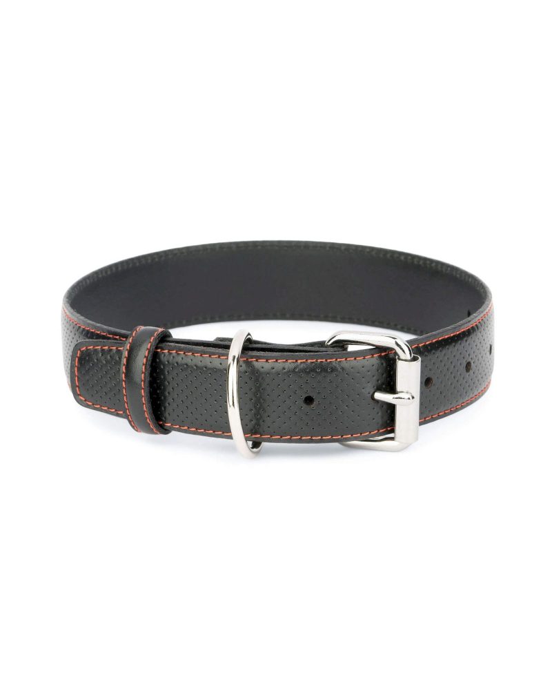 black perforated leather dog collar with red stitch 1 1