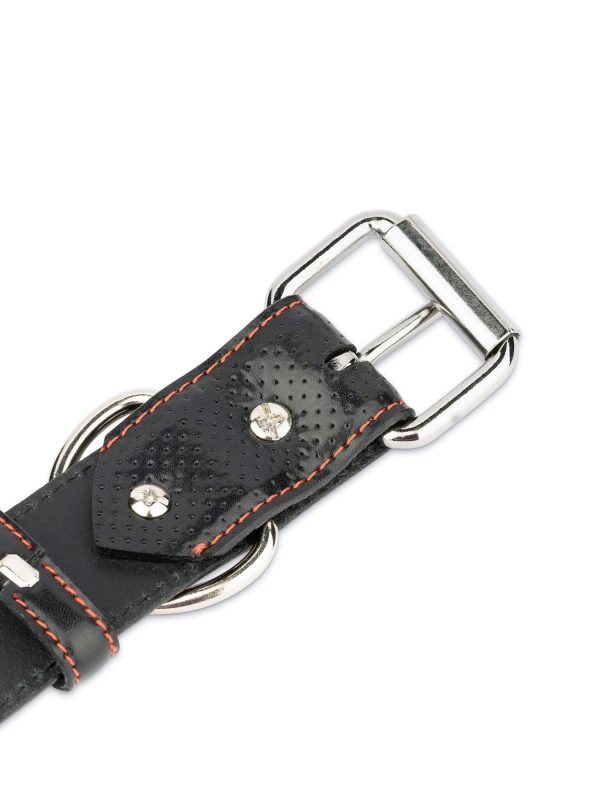 black perforated leather dog collar with red stitch 2