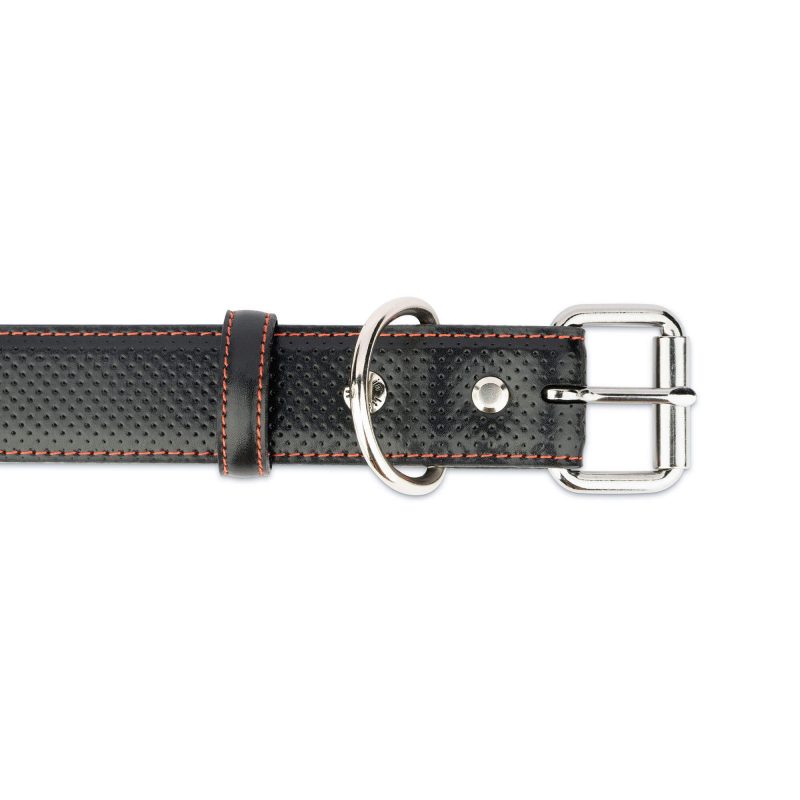 black perforated leather dog collar with red stitch 3