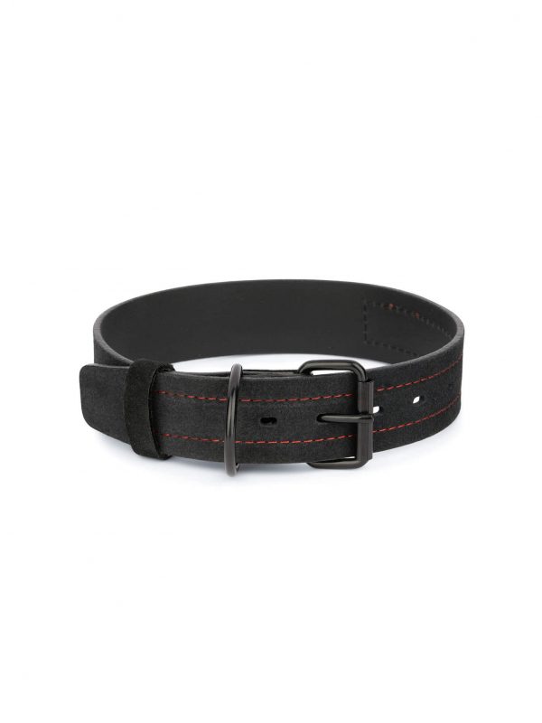 black suede large dog collar with red stitch 1