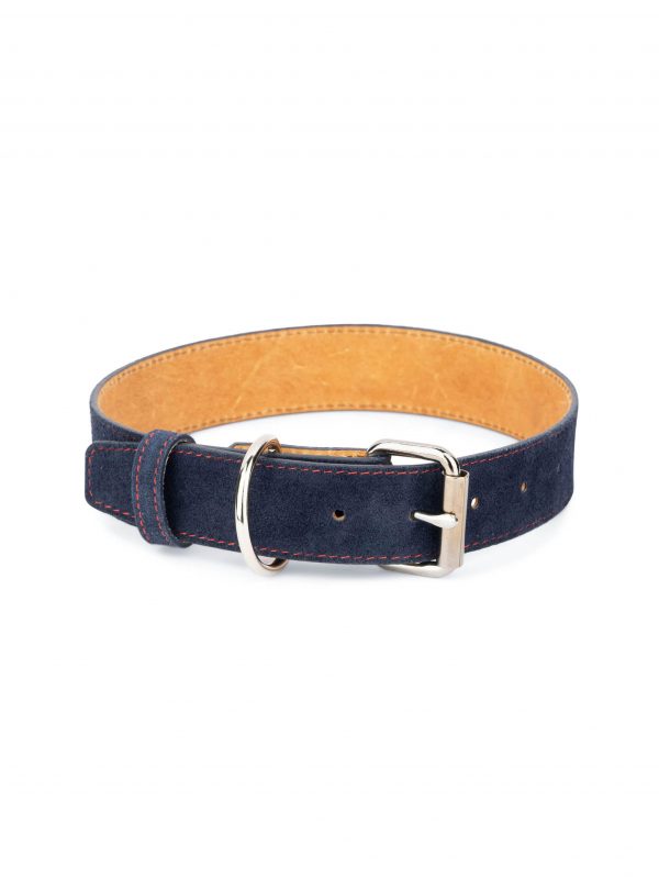 blue suede dog collar genuine leather with red stitch 1
