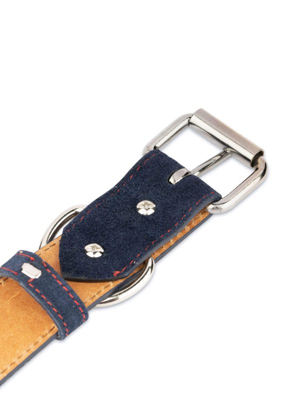 blue suede dog collar genuine leather with red stitch 2