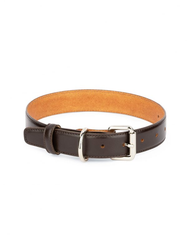 brown leather collar for dogs with roller buckle 1