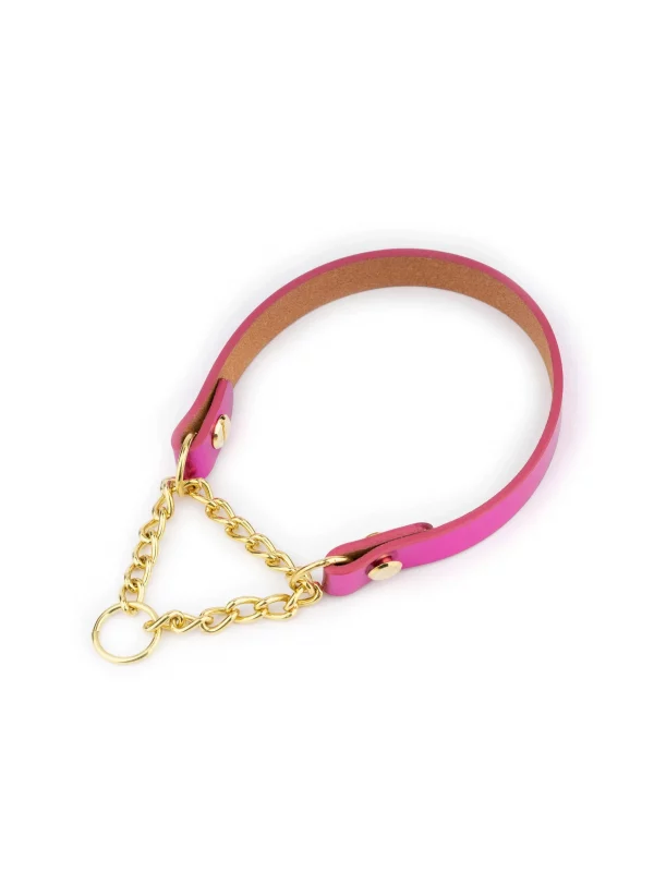 fuchsia leather dog collar martingale with gold chain 1