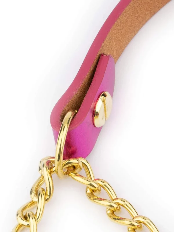 fuchsia leather dog collar martingale with gold chain 2