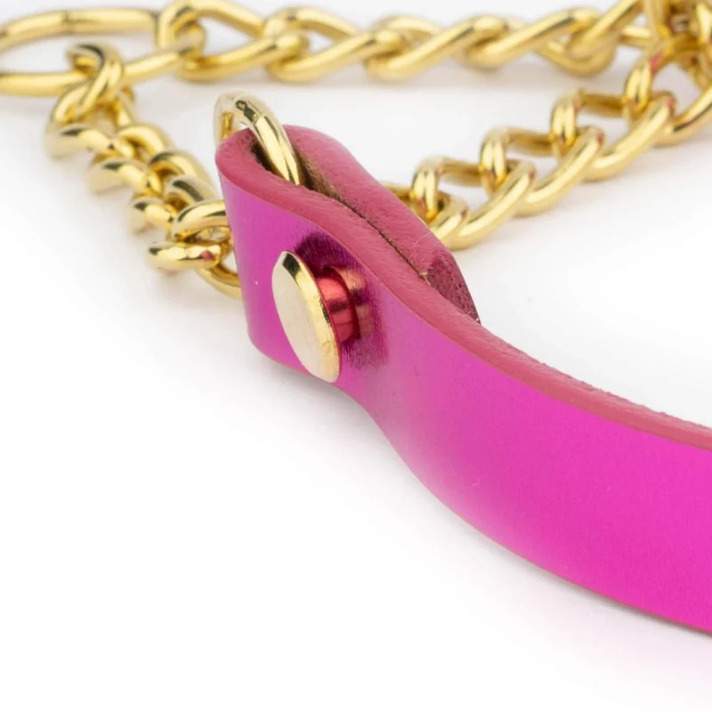 fuchsia leather dog collar martingale with gold chain 4