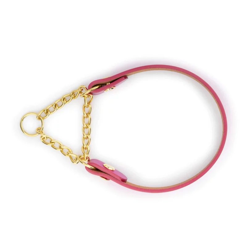 fuchsia leather dog collar martingale with gold chain 5