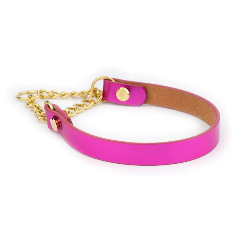 fuchsia leather dog collar martingale with gold chain 6