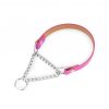 fuchsia leather dog collar with silver martingale chain 1