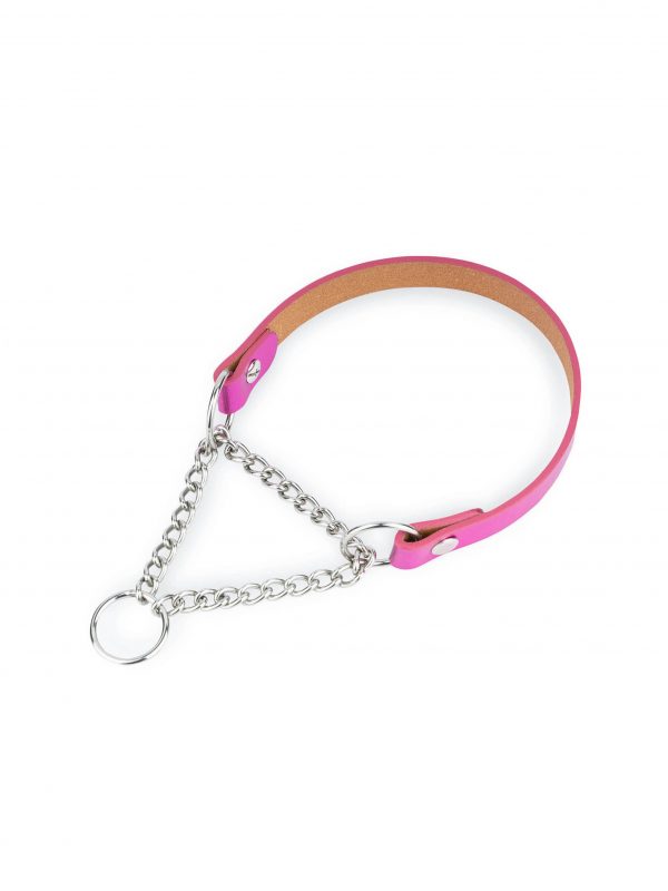 fuchsia leather dog collar with silver martingale chain 1