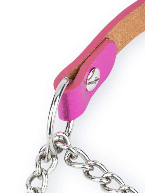 fuchsia leather dog collar with silver martingale chain 2