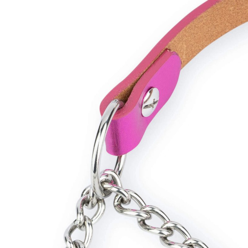 fuchsia leather dog collar with silver martingale chain 2