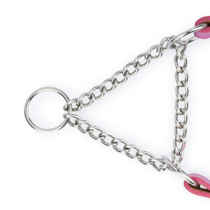 fuchsia leather dog collar with silver martingale chain 5