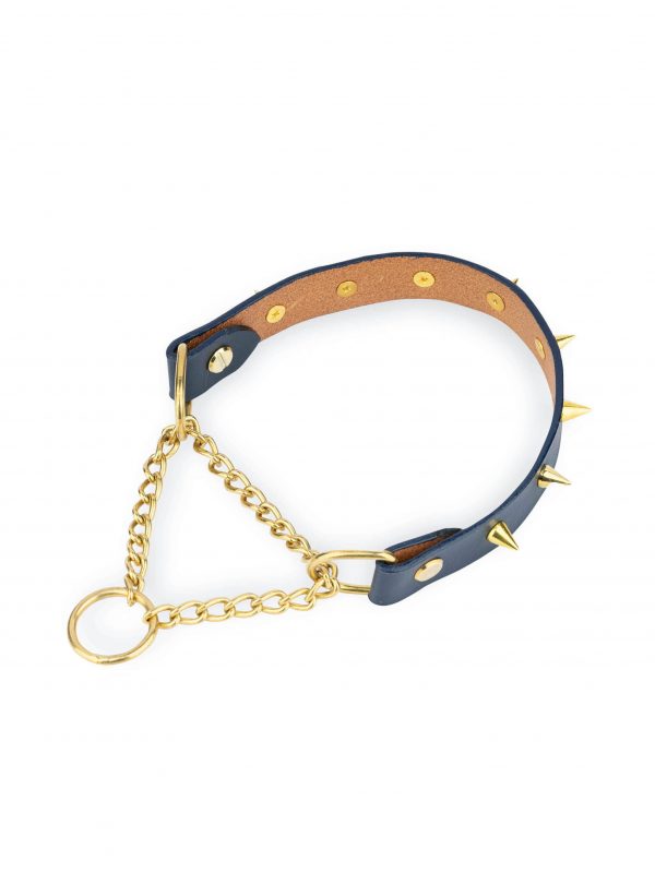 gold spiked collar dark blue leather 1