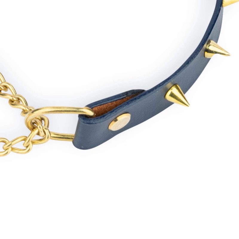 gold spiked collar dark blue leather 2