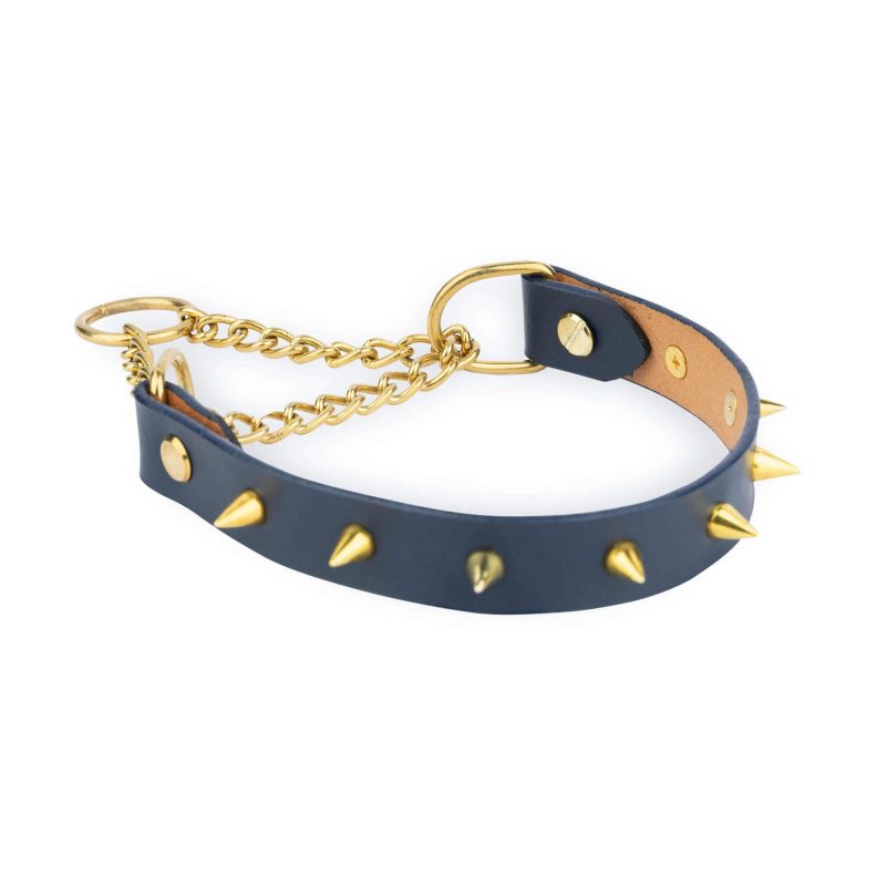 gold spiked collar dark blue leather 6
