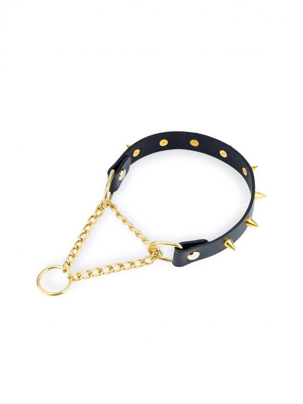 gold spiked dog collars black leather 1