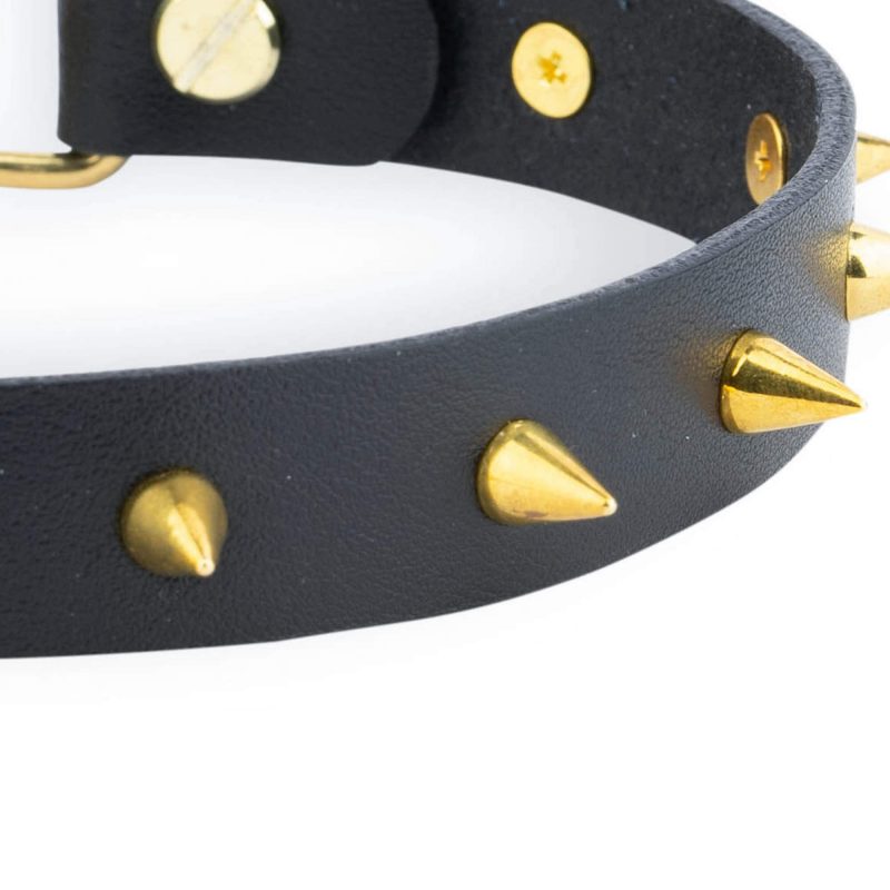 gold spiked dog collars black leather 2