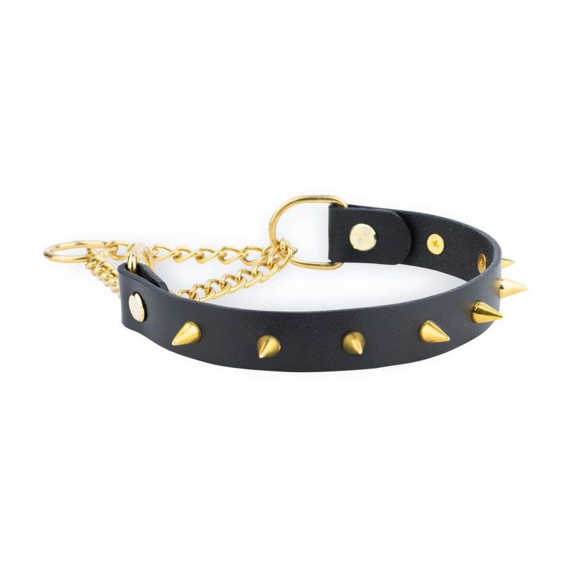 gold spiked dog collars black leather 4