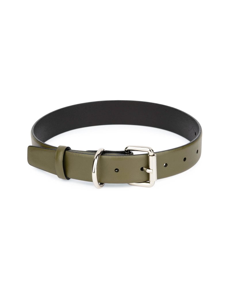 khaki green leather collar for dogs with silver buckle 1