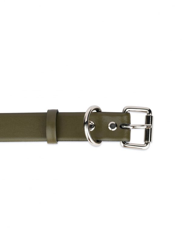 khaki green leather collar for dogs with silver buckle 2